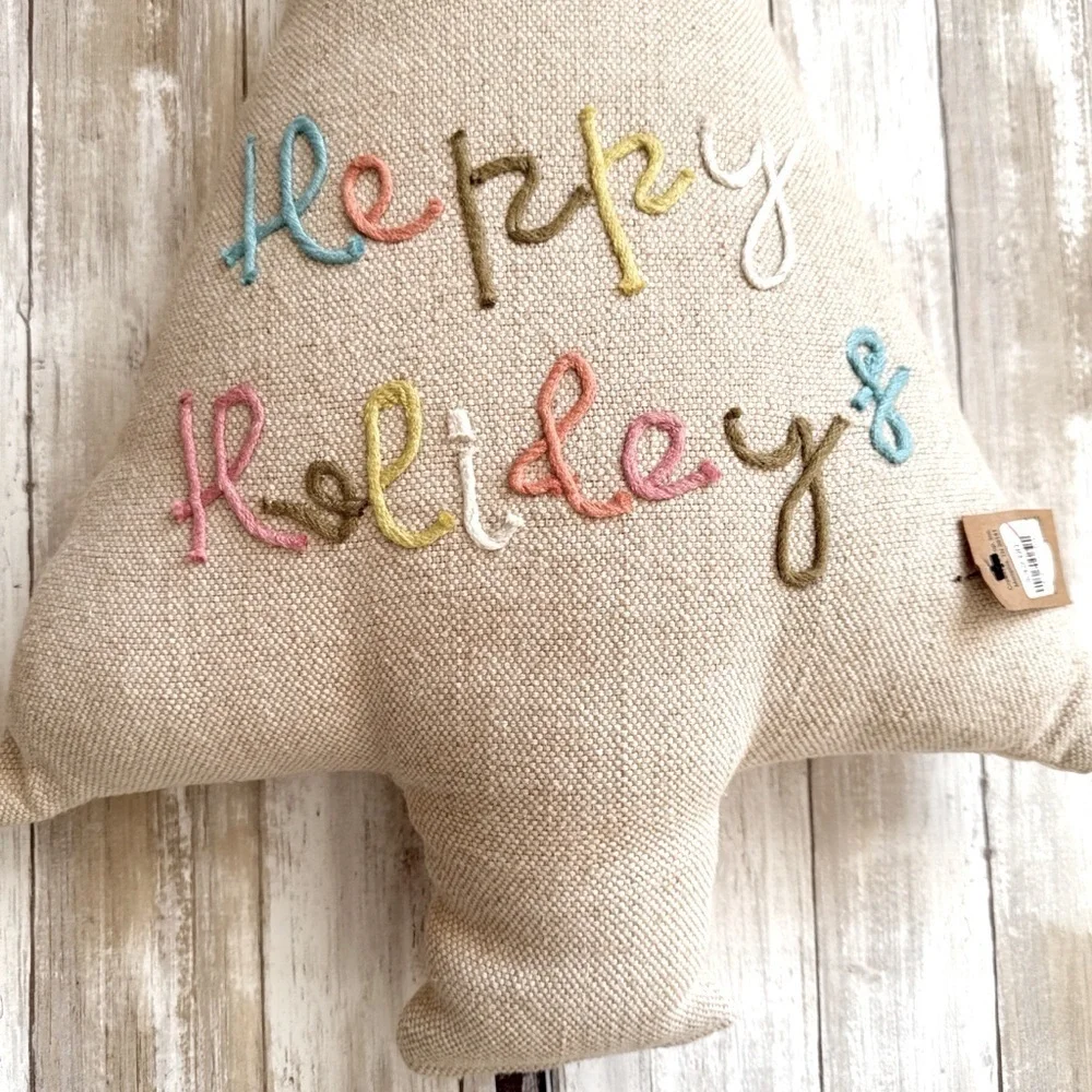 Creative Co-op Happy Holidays Embroidered Cotton Jute Throw Pillow 24” Inches